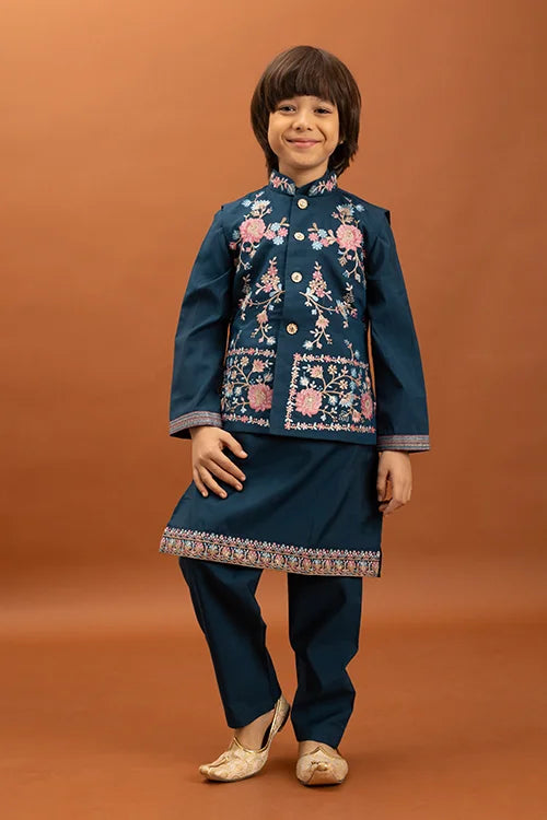 Bottle Green Kids Kurta Pajama with Koti Set