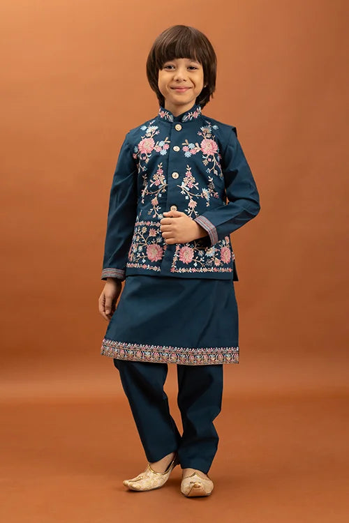 Bottle Green Kids Kurta Pajama with Koti Set