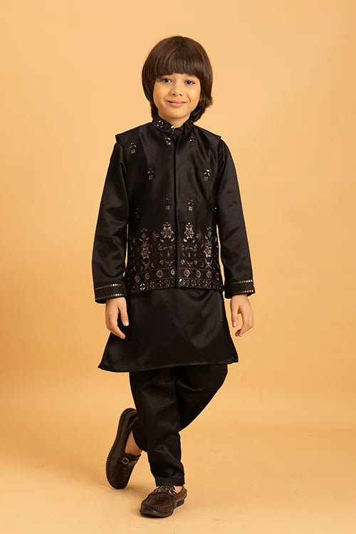 Traditional Black Mirror Work Koti Kurta Set for Boys
