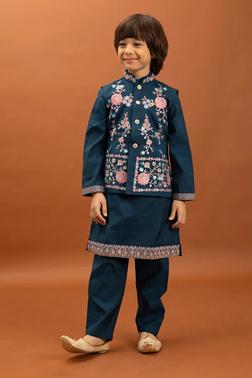 Bottle Green Kids Kurta Pajama with Koti Set