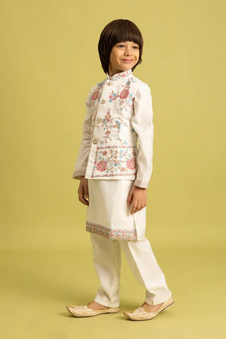 Traditional Wear White Koti Kurta Pajama for Boys Wear