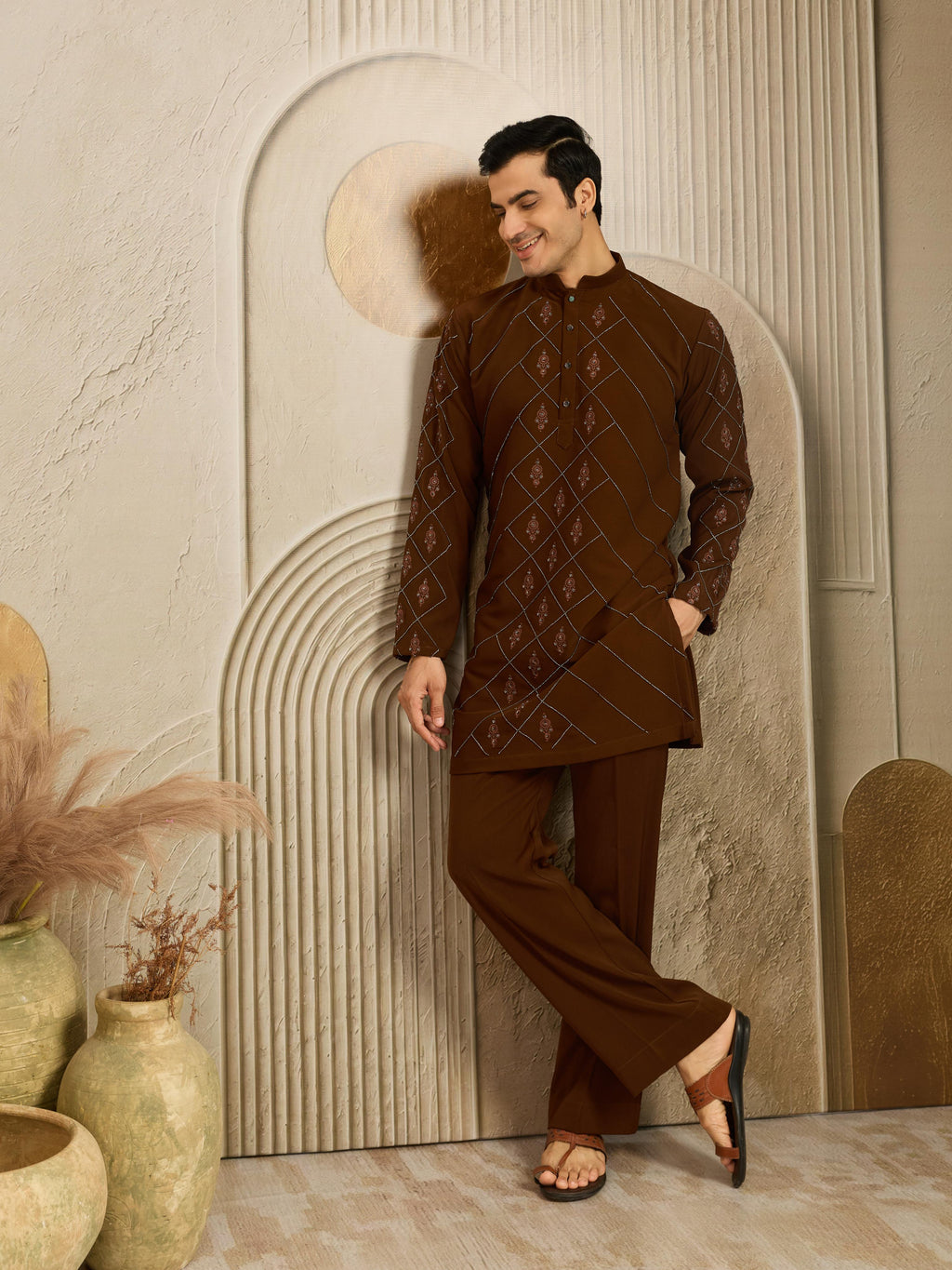 Royal Brown Armani Embroidered Kurta Set | Tulip Designer
