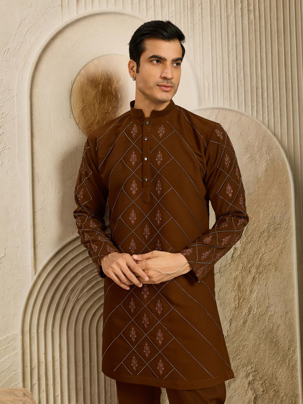 Royal Brown Armani Embroidered Kurta Set | Tulip Designer
