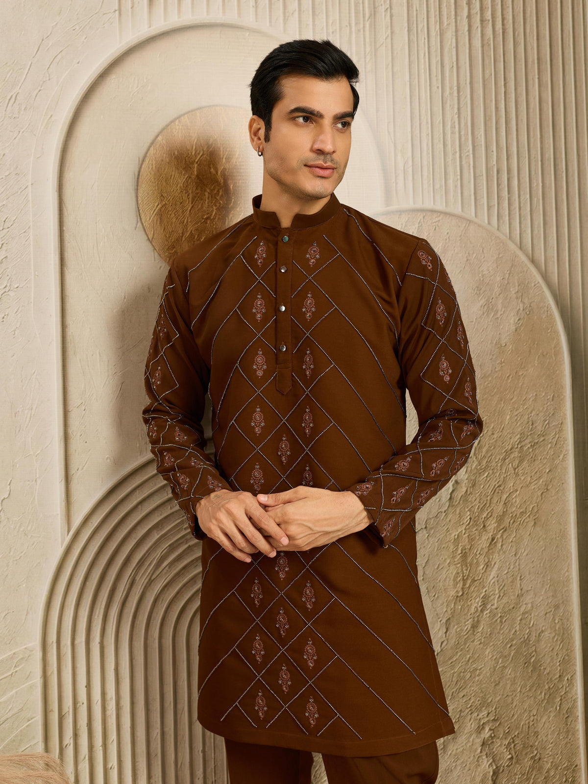 Royal Brown Armani Embroidered Kurta Set | Tulip Designer
