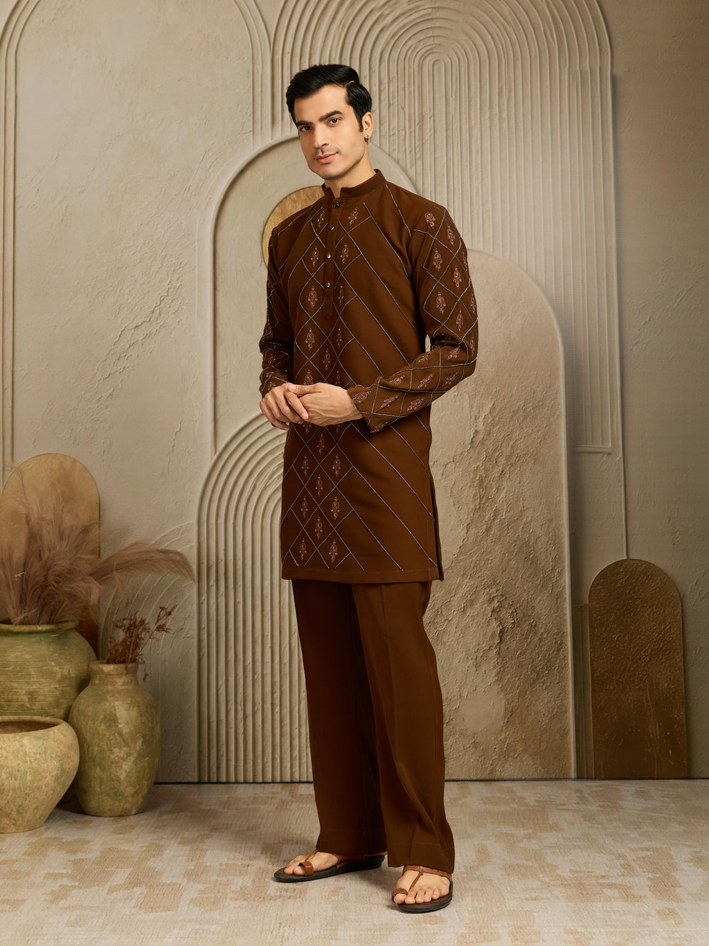 Royal Brown Armani Embroidered Kurta Set | Tulip Designer
