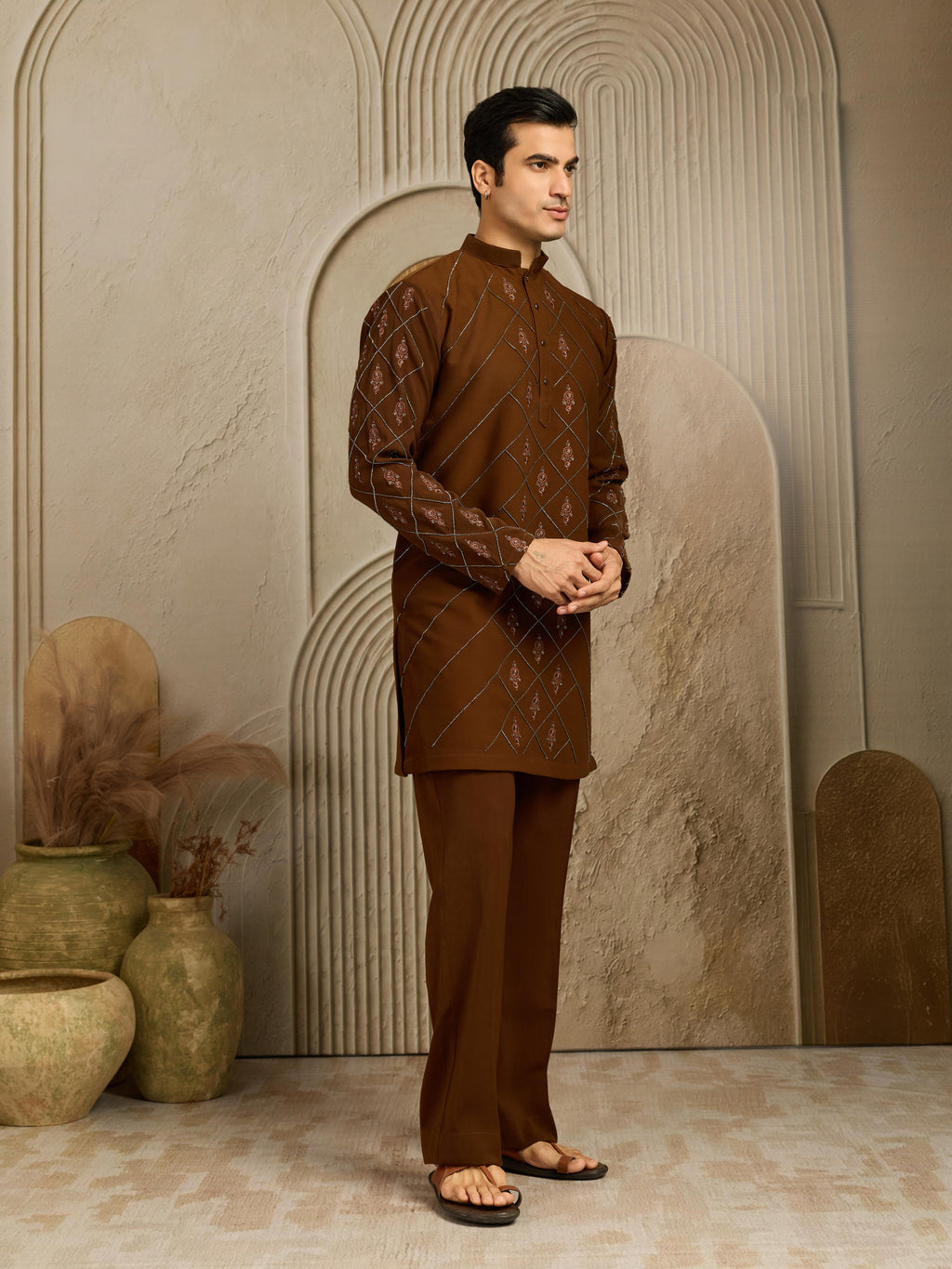 Royal Brown Armani Embroidered Kurta Set | Tulip Designer
