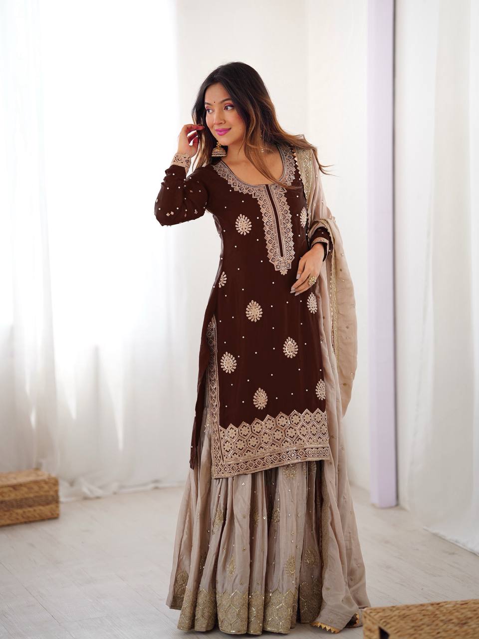 Luxury Brown Chinon Silk Designer Sharara Set with Pearl Work Dupatta
