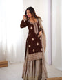 Luxury Brown Chinon Silk Designer Sharara Set with Pearl Work Dupatta