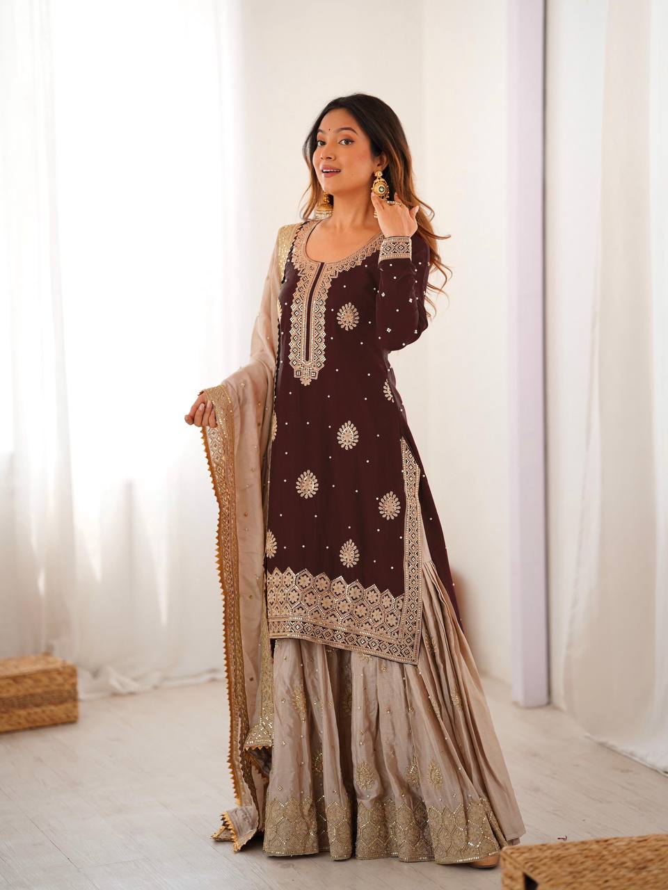 Luxury Brown Chinon Silk Designer Sharara Set with Pearl Work Dupatta
