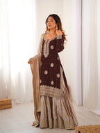 Luxury Brown Chinon Silk Designer Sharara Set with Pearl Work Dupatta
