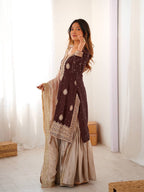 Luxury Brown Chinon Silk Designer Sharara Set with Pearl Work Dupatta
