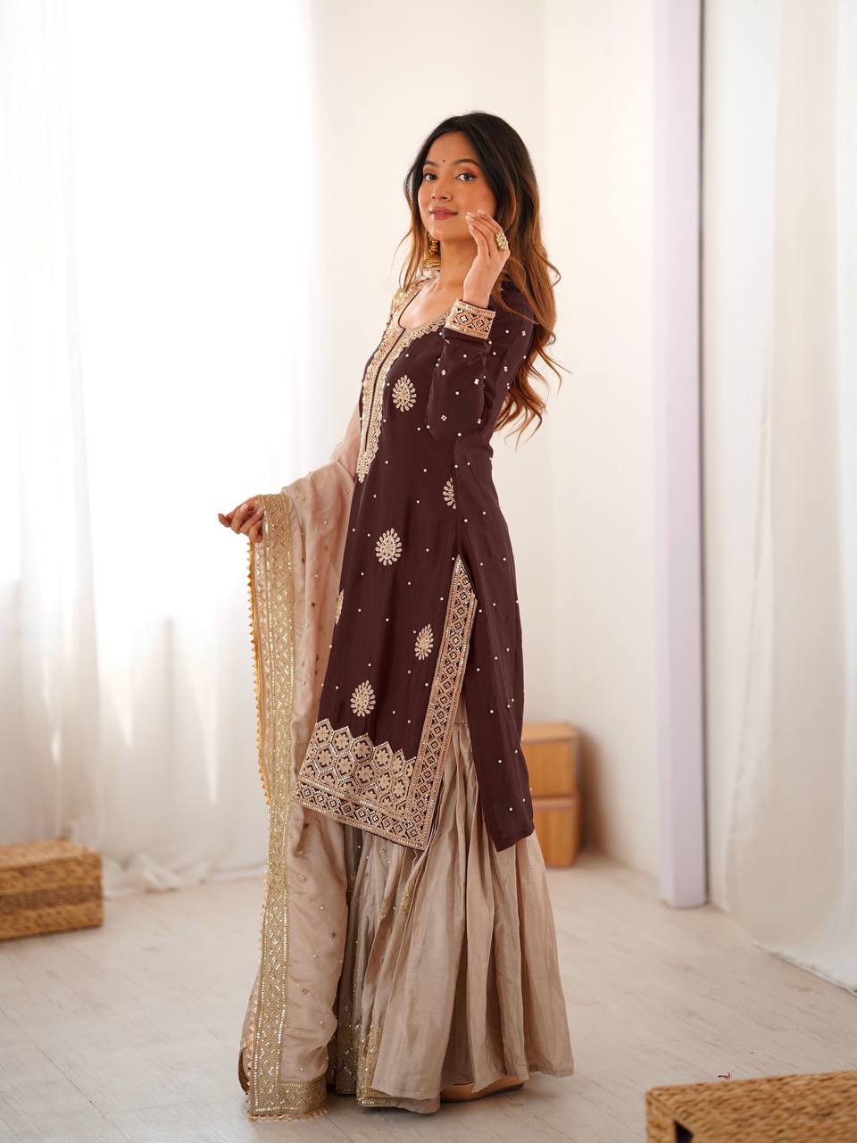 Luxury Brown Chinon Silk Designer Sharara Set with Pearl Work Dupatta
