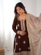 Luxury Brown Chinon Silk Designer Sharara Set with Pearl Work Dupatta

