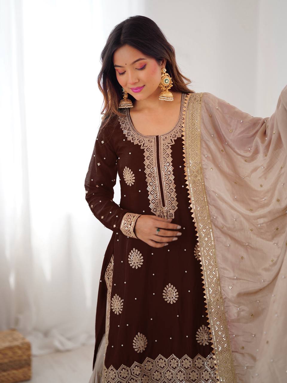 Luxury Brown Chinon Silk Designer Sharara Set with Pearl Work Dupatta
