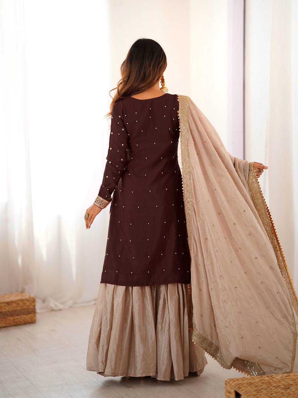 Luxury Brown Chinon Silk Designer Sharara Set with Pearl Work Dupatta
