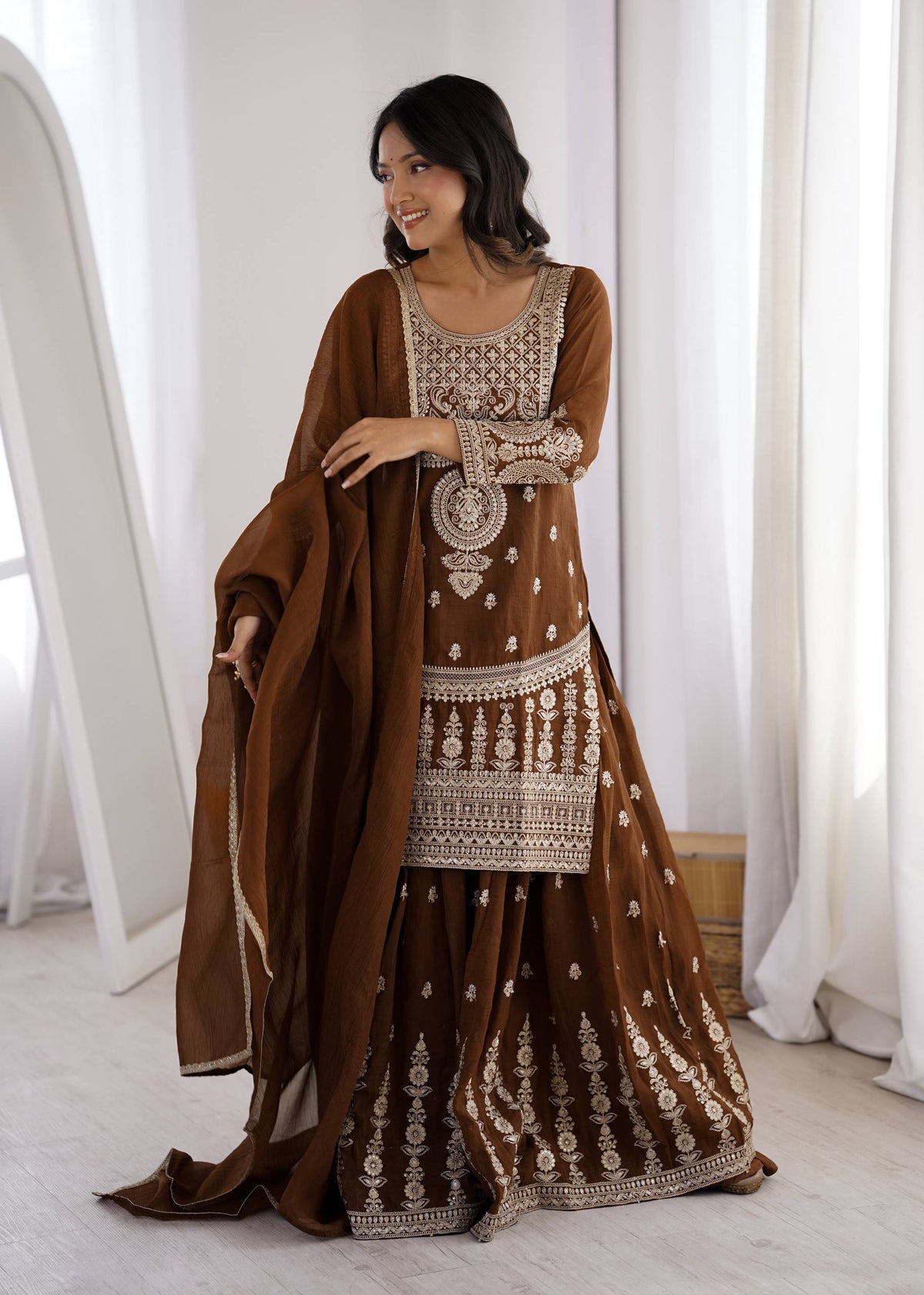 Brown Silk Dori Jari Embroidered Suit Set | Tulip Designer
