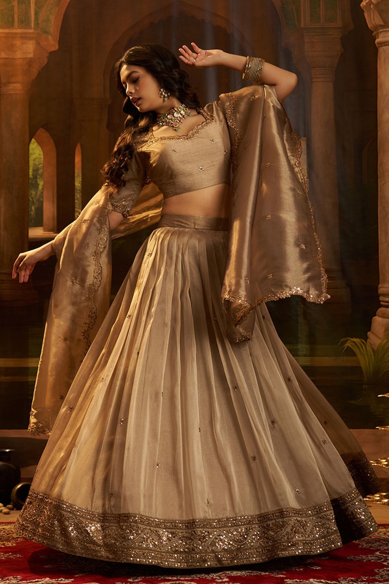 Luxury Brown Hiranya Silk Lehenga Set Featuring Art Silk Blouse And Detailed Embroidered Dupatta