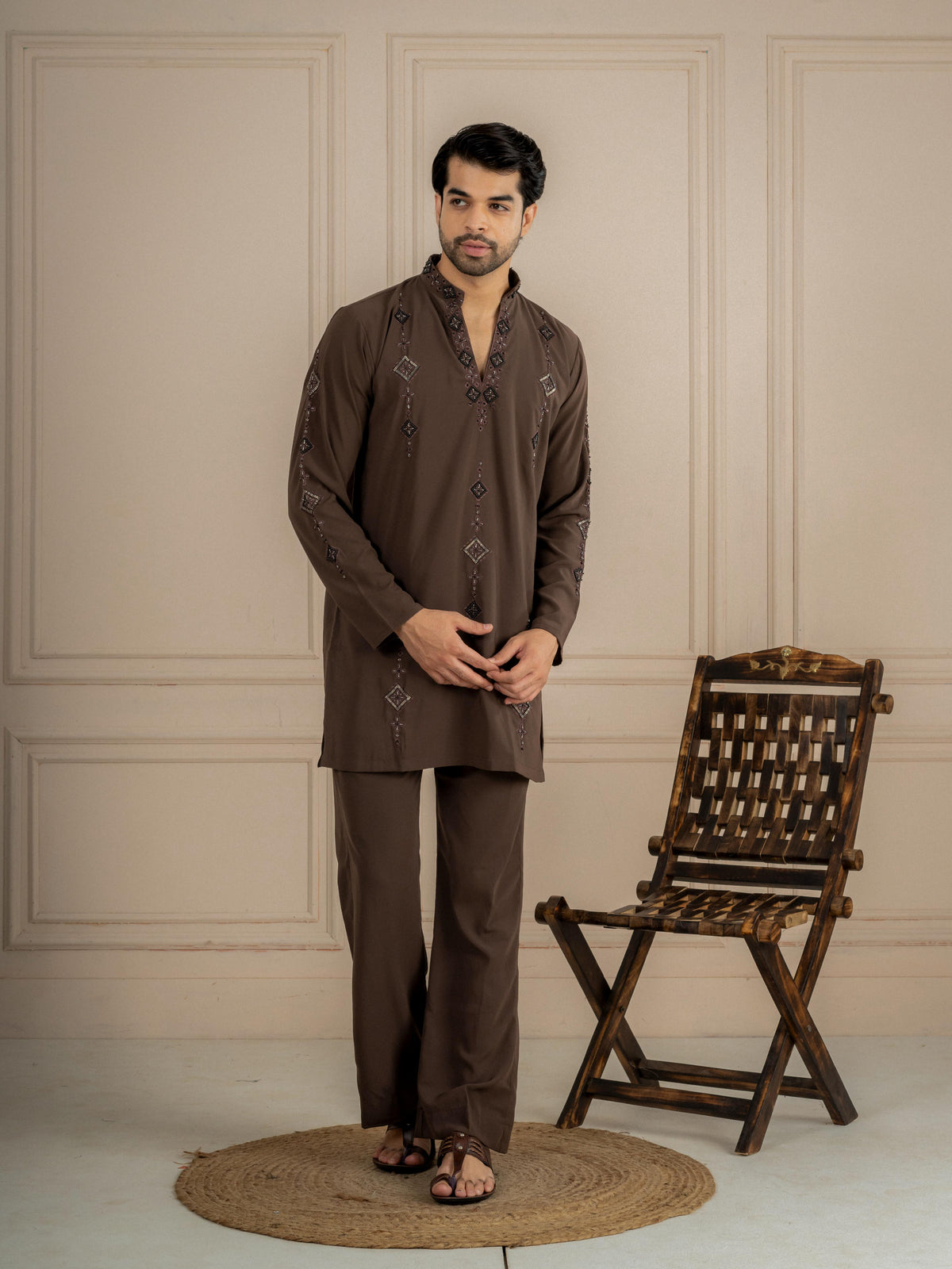 Brown Armani Lachka Beads Kurta Set For Men | Tulip Designer

