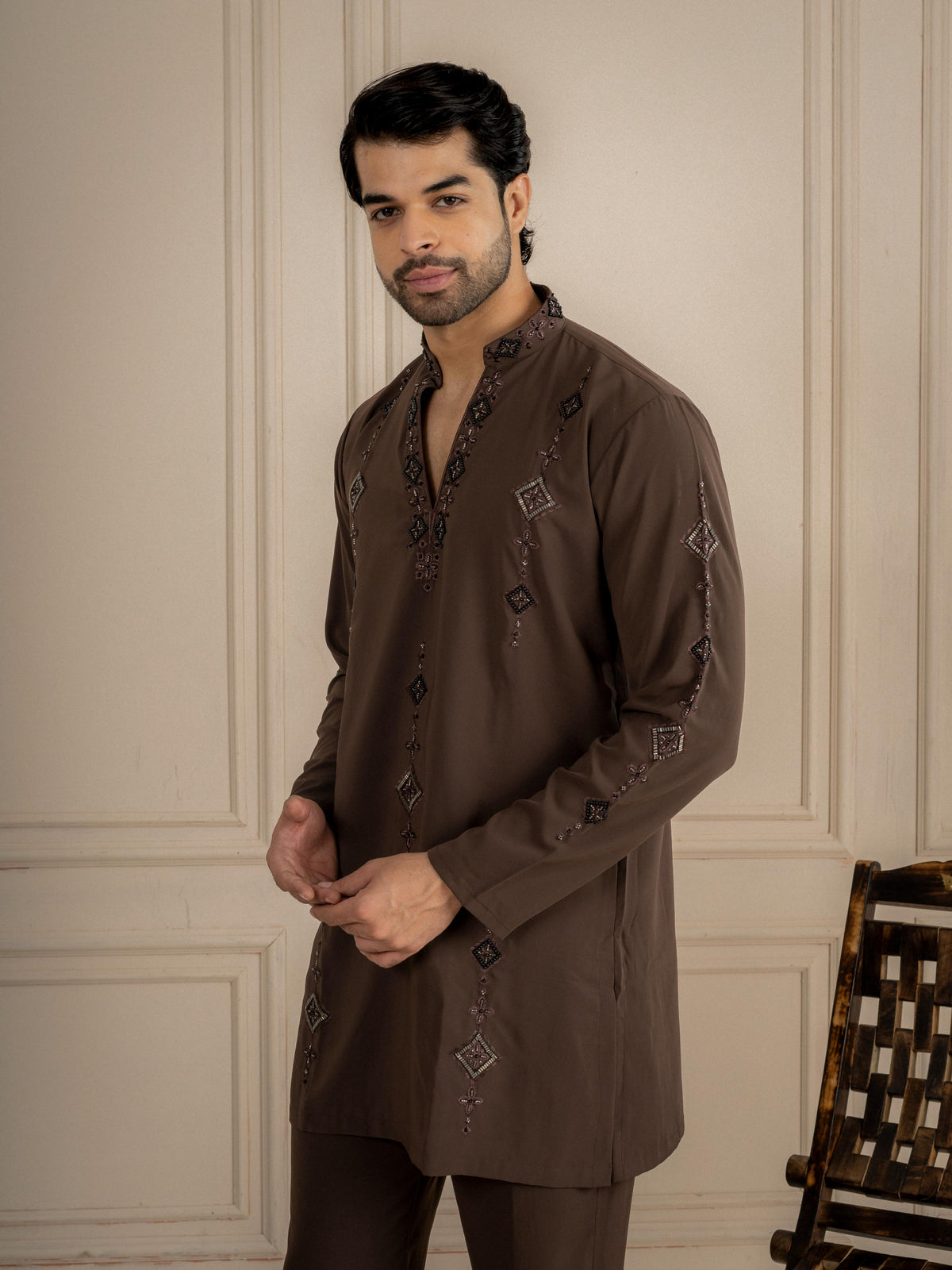 Brown Armani Lachka Beads Kurta Set For Men | Tulip Designer
