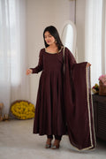 Brown Mal Chanderi Mirror Anarkali Gown Set | Tulip Designer
