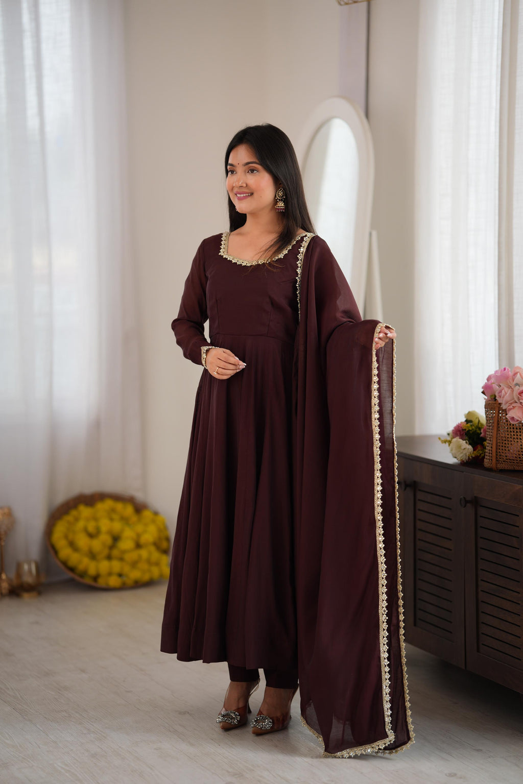 Brown Mal Chanderi Mirror Anarkali Gown Set | Tulip Designer
