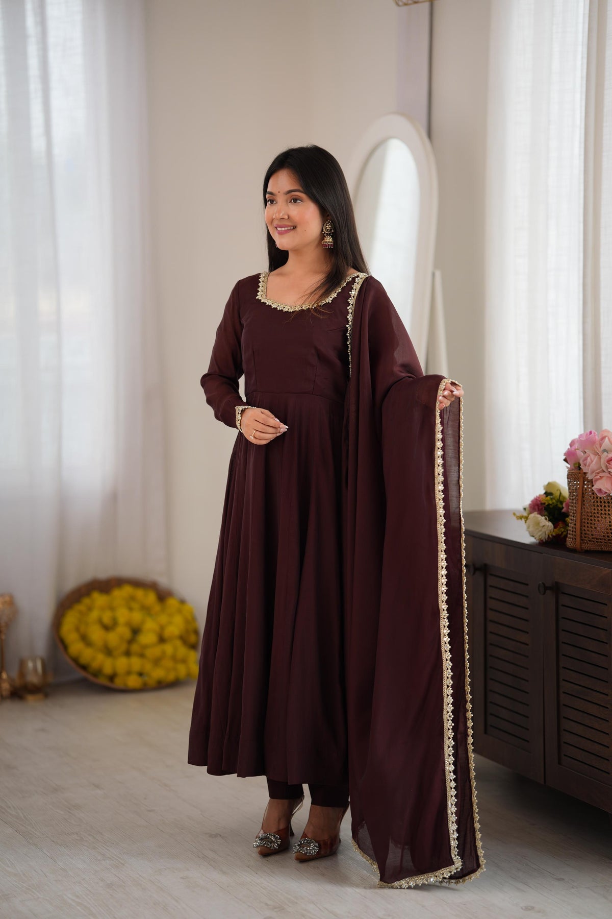 Brown Mal Chanderi Mirror Anarkali Gown Set | Tulip Designer
