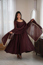 Brown Mal Chanderi Mirror Anarkali Gown Set | Tulip Designer
