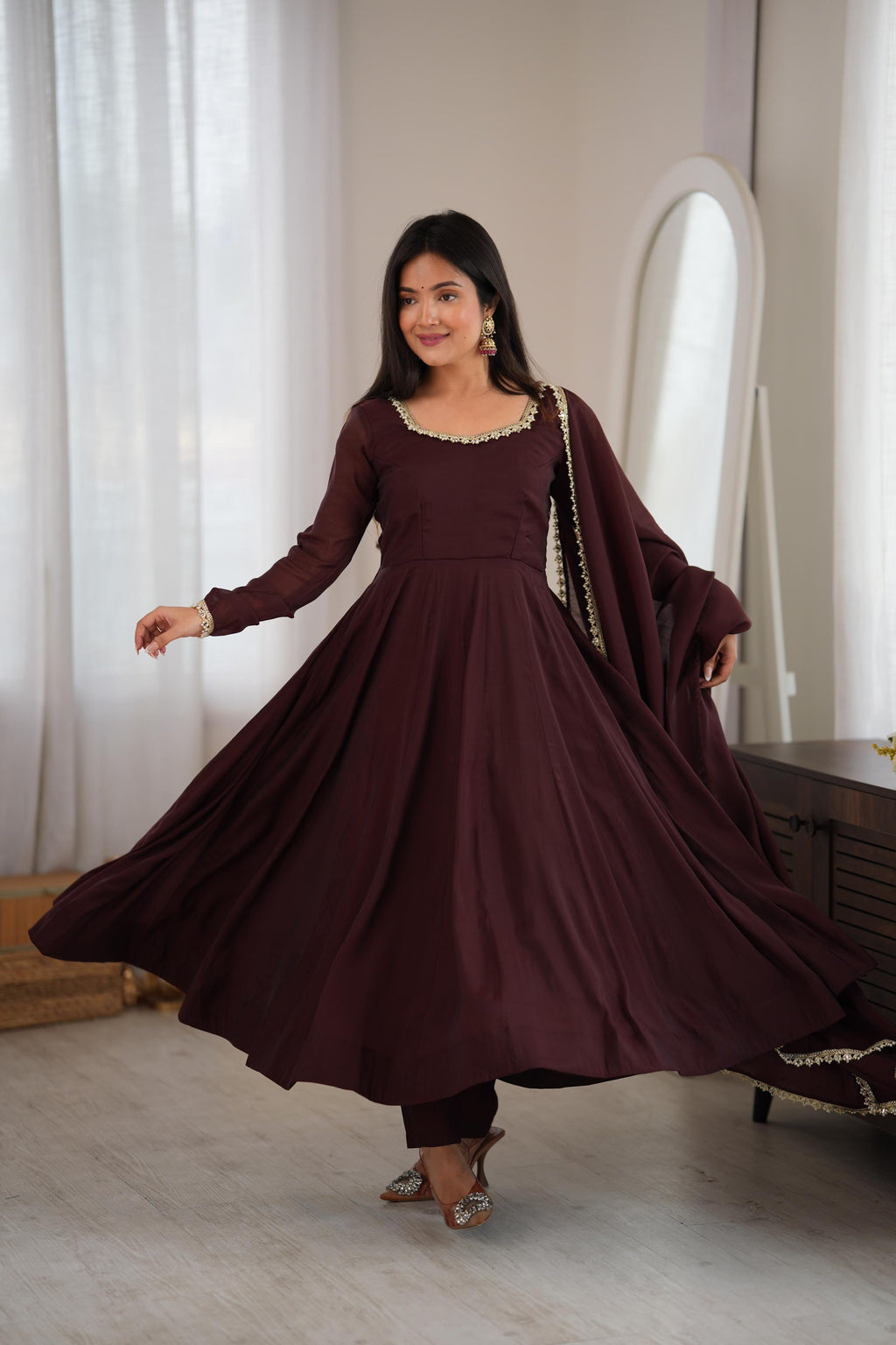 Brown Mal Chanderi Mirror Anarkali Gown Set | Tulip Designer
