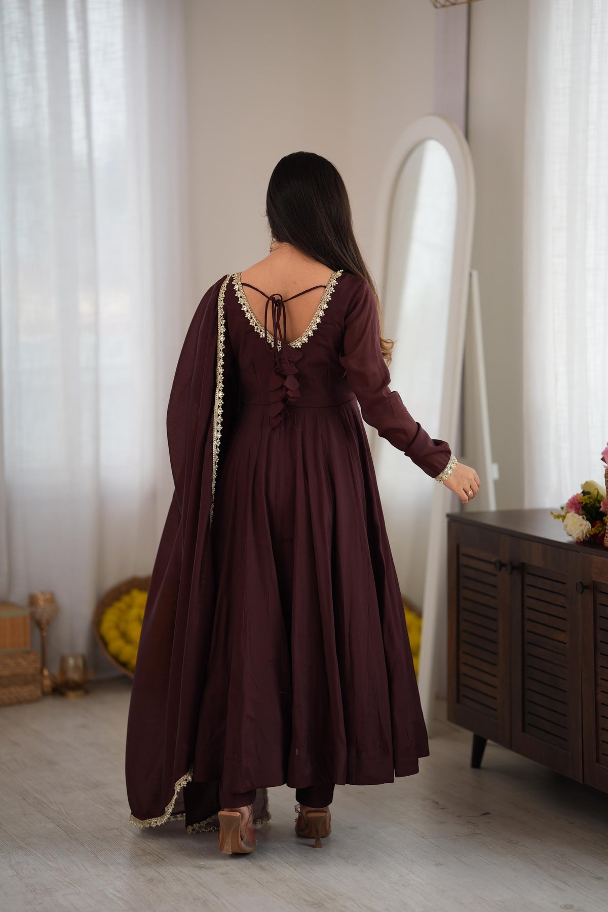 Brown Mal Chanderi Mirror Anarkali Gown Set | Tulip Designer
