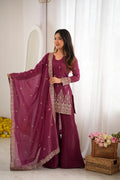 Burgundy Crunchy Silk Embroidery Suit Set | Tulip Designer
