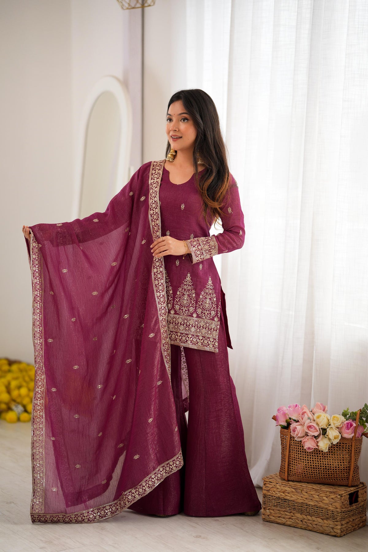 Burgundy Crunchy Silk Embroidery Suit Set | Tulip Designer
