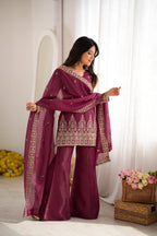 Burgundy Crunchy Silk Embroidery Suit Set | Tulip Designer

