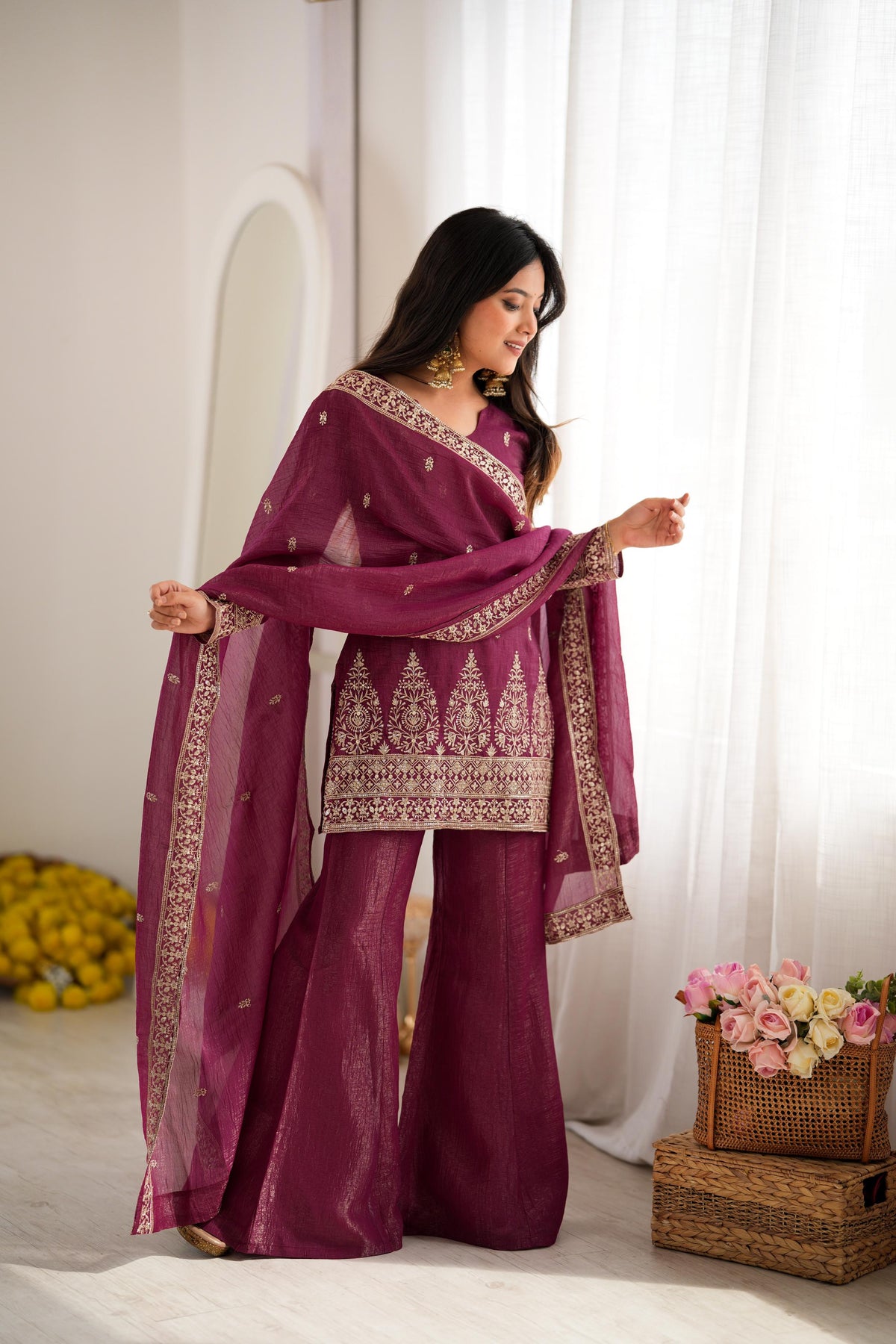 Burgundy Crunchy Silk Embroidery Suit Set | Tulip Designer
