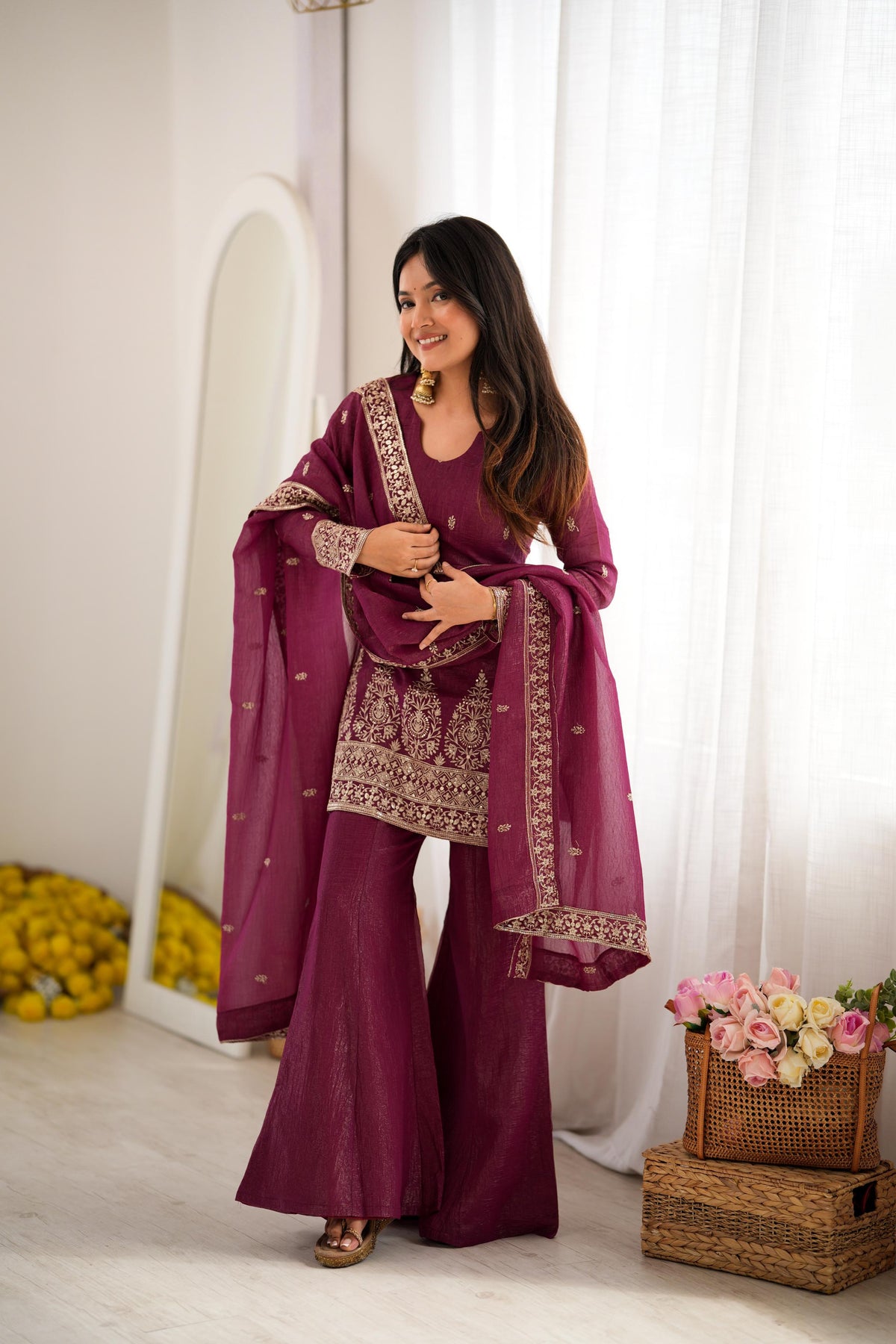Burgundy Crunchy Silk Embroidery Suit Set | Tulip Designer
