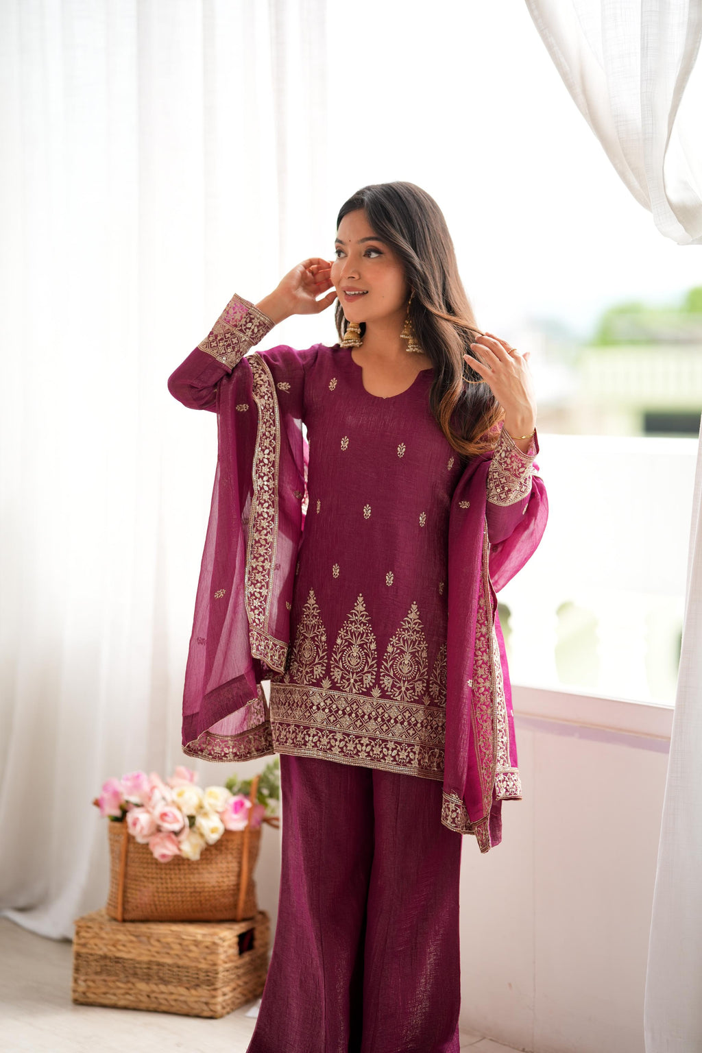 Burgundy Crunchy Silk Embroidery Suit Set | Tulip Designer
