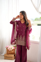 Burgundy Crunchy Silk Embroidery Suit Set | Tulip Designer

