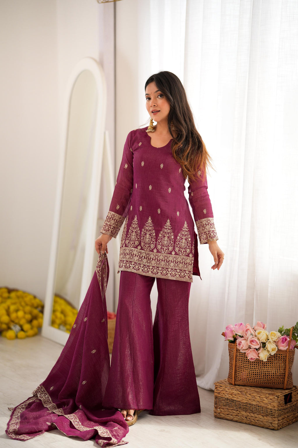 Burgundy Crunchy Silk Embroidery Suit Set | Tulip Designer
