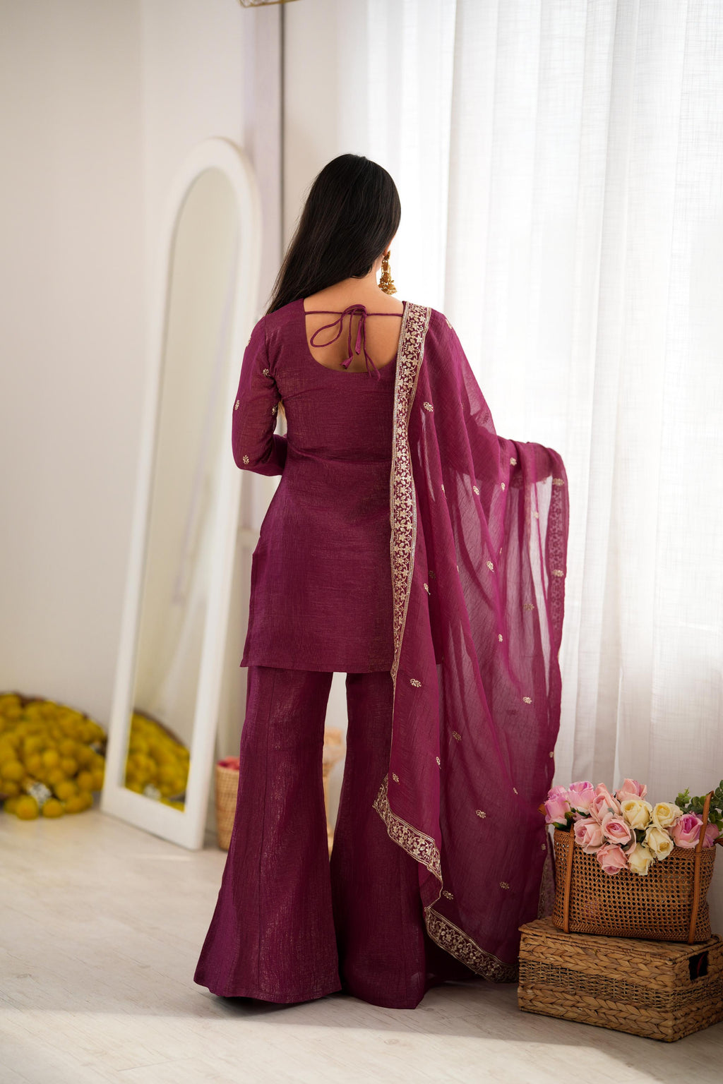 Burgundy Crunchy Silk Embroidery Suit Set | Tulip Designer
