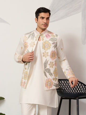 Carnival Function White Koti Kurta Pair for Mens Wear
