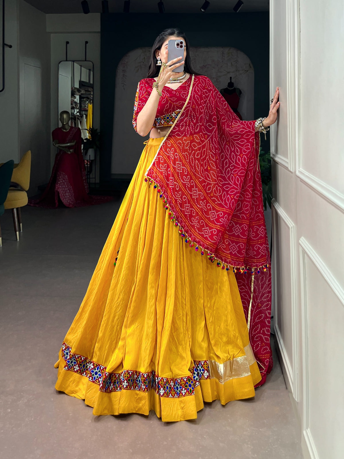 Yellow Chanderi Bandhej Print Lehenga Set | Tulip Designer
