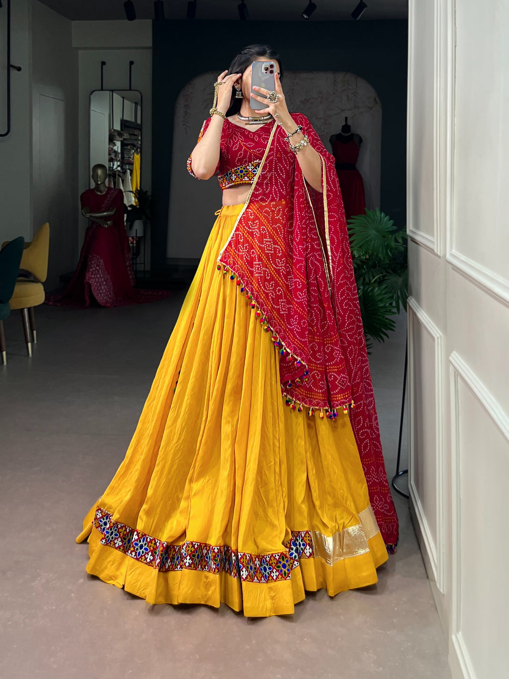 Yellow Chanderi Bandhej Print Lehenga Set | Tulip Designer
