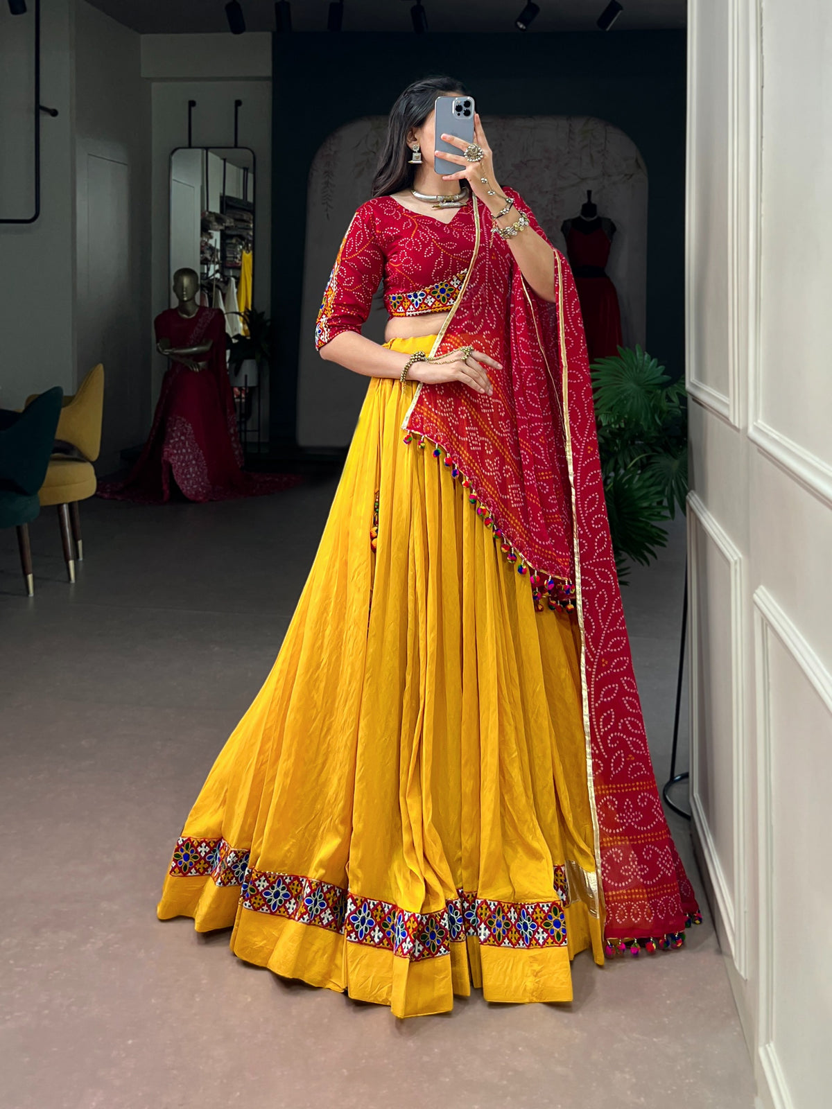 Yellow Chanderi Bandhej Print Lehenga Set | Tulip Designer
