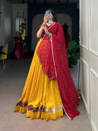 Yellow Chanderi Bandhej Print Lehenga Set | Tulip Designer

