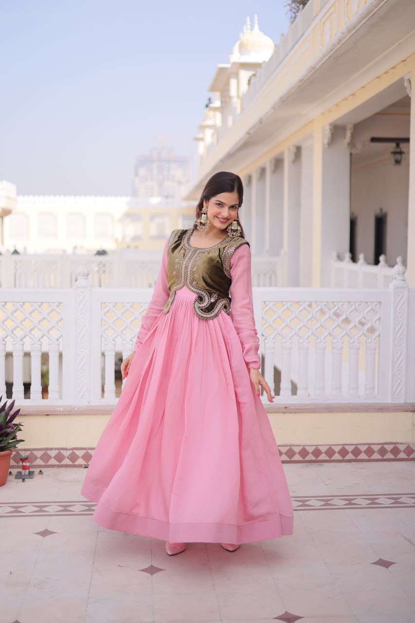 Premium Mal Chanderi Designer Gown with Embroidered Velvet Koti
