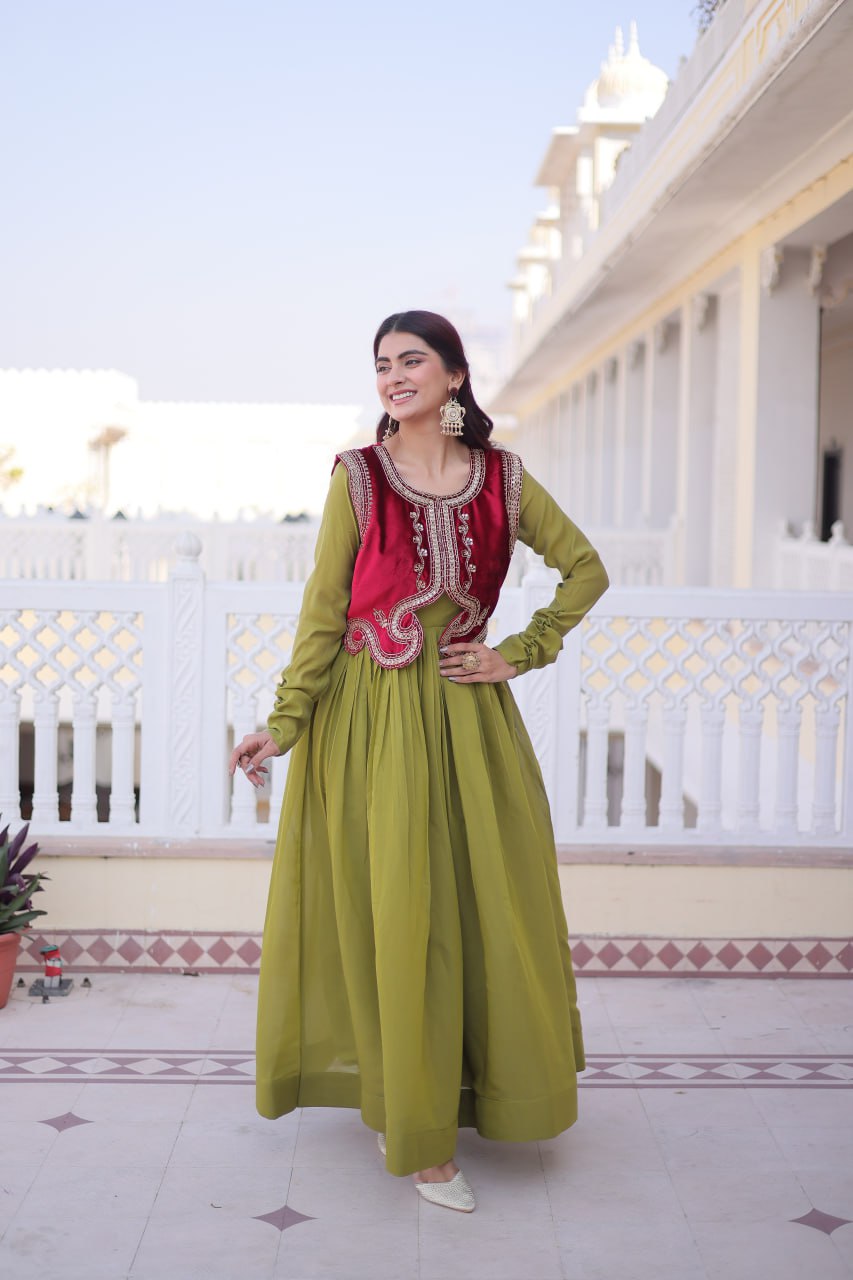 Premium Mal Chanderi Designer Gown with Embroidered Velvet Koti
