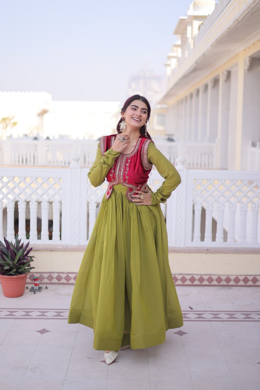 Premium Mal Chanderi Designer Gown with Embroidered Velvet Koti
