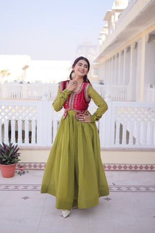 Premium Mal Chanderi Designer Gown with Embroidered Velvet Koti
