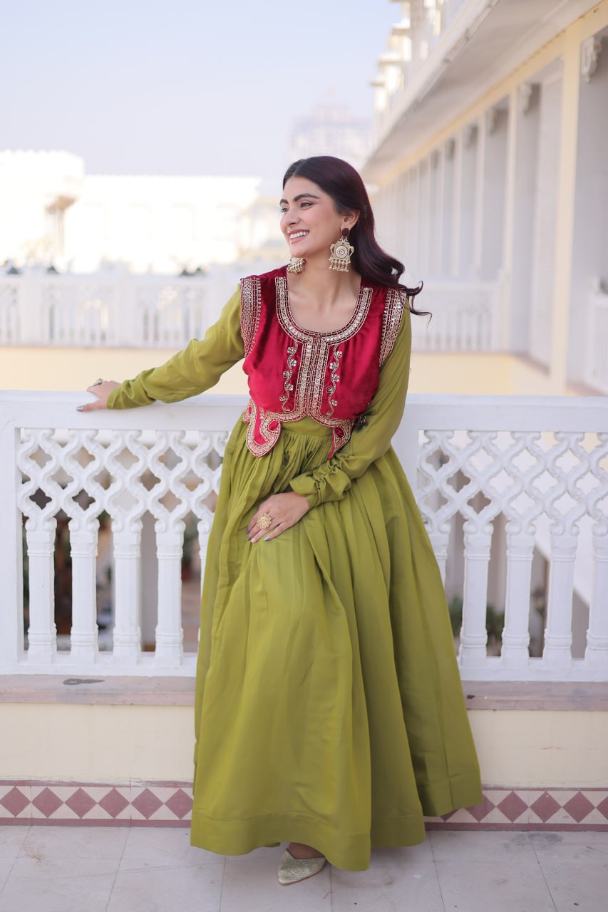 Premium Mal Chanderi Designer Gown with Embroidered Velvet Koti
