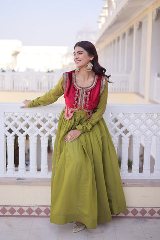 Premium Mal Chanderi Designer Gown with Embroidered Velvet Koti
