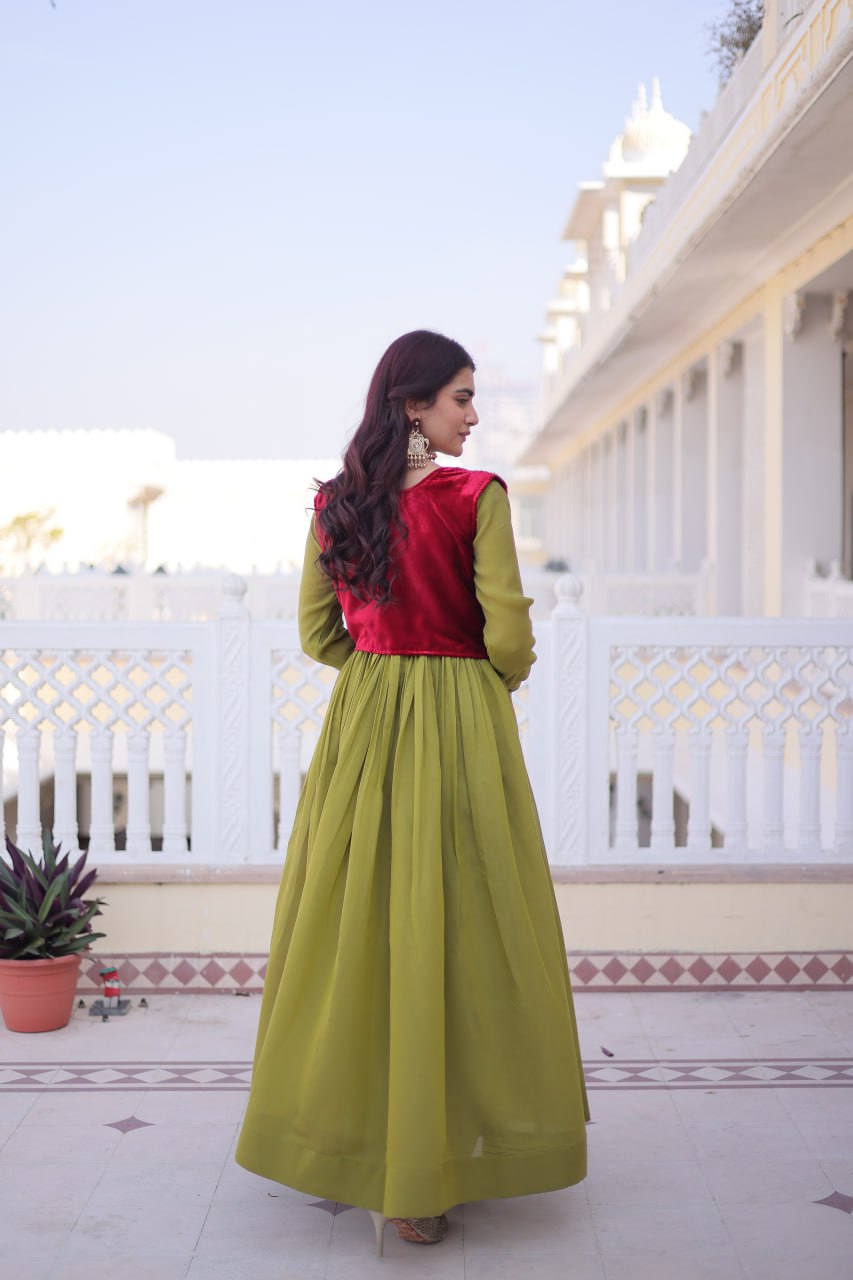Premium Mal Chanderi Designer Gown with Embroidered Velvet Koti
